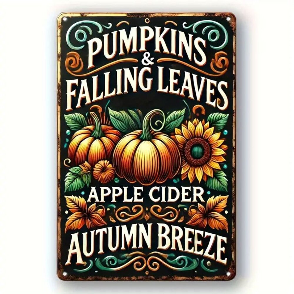 Vintage Pumpkin & Falling Leaves Metal Tin Sign. Approx. 12 x 8. New in Package.